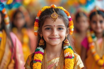 Fototapeta premium Indian girl with floral garland and traditional attire, smiling at Onam festival celebration