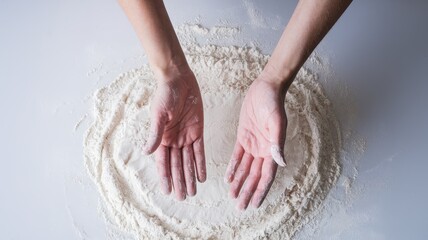 Fototapeta premium Hands Holding Dough in Kitchen Workspace Setup
