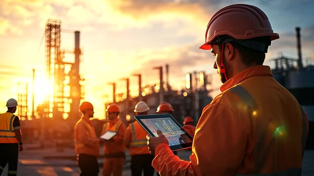 A team of power plant workers with helmets, standing in front of a natural gas power station, checking data on tablets with the station&rsquo;s machinery glinting in the sunlight