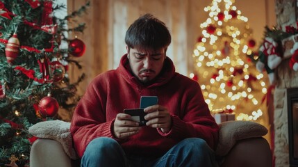 Cheated and upset Christmas man in living room near decorated Christmas tree, rejected and wrong money transfer, hispanic man holding bank credit card and phone.