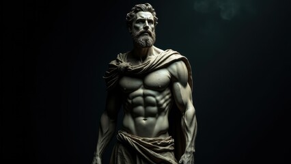 Detailed sculpture of a bearded man with defined muscles, captured with a banner stoic background, representing timeless strength.