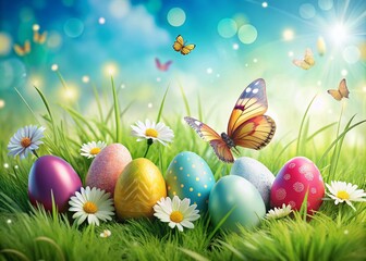 Easter Eggs in Green Grass with Flowers and Butterflies for Spring Celebrations