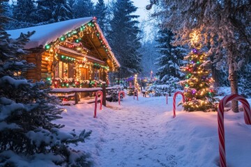 A snowy outdoor Christmas scene featuring a wooden cabin decorated with colorful lights, snow-covered trees in the background, and a path lined with candy canes leading to the entrance of the cabin.
