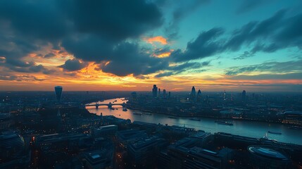 Obraz premium Panoramic view of London skyline at dusk with iconic skyscrapers.