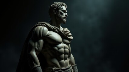 Detailed sculpture of a bearded man with defined muscles, captured with a banner stoic background, representing timeless strength.