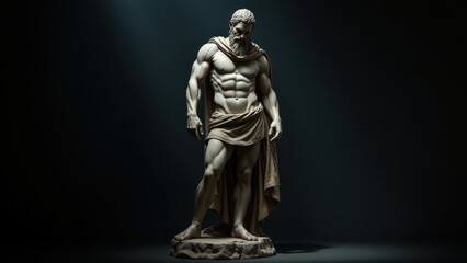 Realistic digital sculpture of a powerful man, wearing a cloak, posed against a banner stoic background, creating a sense of authority and stillness.