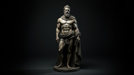 Obraz premium Sculpted male figure with a muscular physique and cloak, presented with a banner stoic background, evoking classical strength and composure.