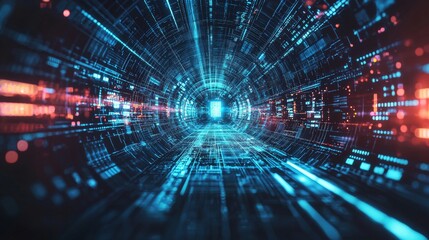 Futuristic glowing digital tunnel with blue and red lights