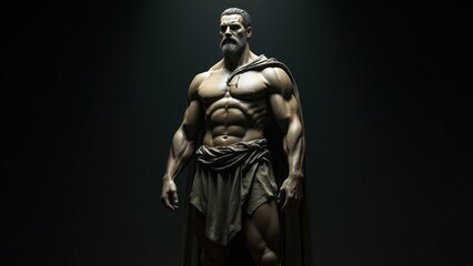 Statuesque male form in a dynamic pose, draped with a cloak, set against a banner stoic background, symbolizing power and calm.