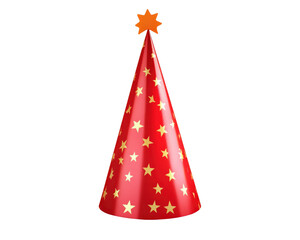 vibrant red party hat adorned with golden stars and star shaped top, perfect for celebrations and festive occasions