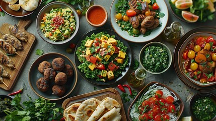 A table full of various Middle Eastern dishes including grilled meat skewers, tabbouleh, fattoush, and baba ghanoush.