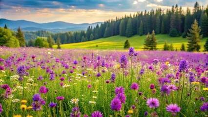 Obraz premium A lush meadow filled with a variety of purple wildflowers swaying gently in the breeze, colorful, field of flowers, botanical, natural, floral arrangement