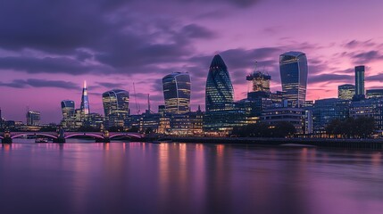 Fototapeta premium Panoramic view of London skyline at dusk with iconic skyscrapers.