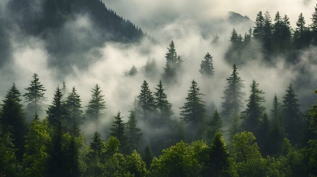A foggy mountain forest with tall pine trees and mist swirling around the peaks