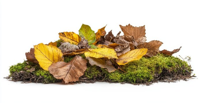 Moss on rotten tree stump with autumn yellow leaves isolated on white background