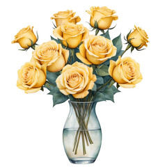 Watercolor yellow roses in glass vase with isolated background, Yellow rose bouquet with isolated background, Elegant yellow roses in vase with isolated background.