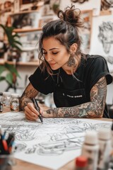 Fototapeta premium Creating detailed artwork in a vibrant studio with a skilled tattoo artist at work