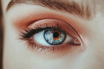 Obraz premium An elegant woman's face with bright red eyeshadow. Fashion Celebrate Makeup, Glowy Clean Skin, Perfect Shaped Brows.