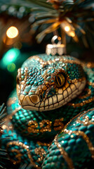 Fototapeta premium close-up of snake head, Christmas tree decoration toy, with green and gold scales, with New Year's decor, glitter and tinsel, copy space, vertical,