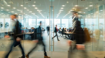 Blurry Motion of People Walking Through Glass Doors in an Office Building