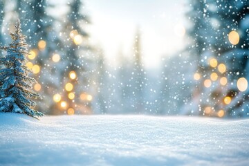 Snowy winter scene with sparkling lights and fir trees