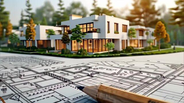A detailed architectural blueprint with a pencil in the foreground, showcasing a modern house surrounded by trees.