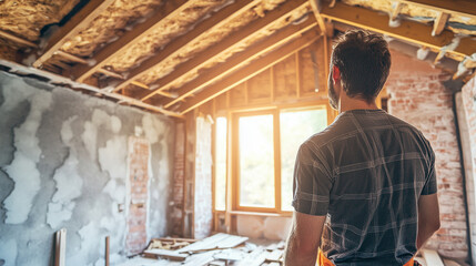 Obraz premium Z tyłu widoczny jest mężczyzna, wykonawca, który z zaangażowaniem pracuje nad renowacją wnętrza domu. 