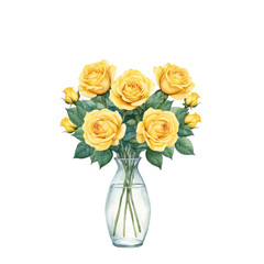 Yellow rose bouquet with isolated background, Watercolor yellow roses in glass vase with isolated background, Minimalist watercolor yellow roses with isolated background.