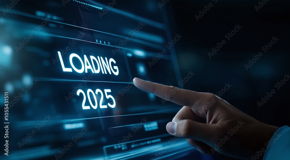 Poster a futuristic interface displays a loading screen for 2025, highlighting technology and progress with