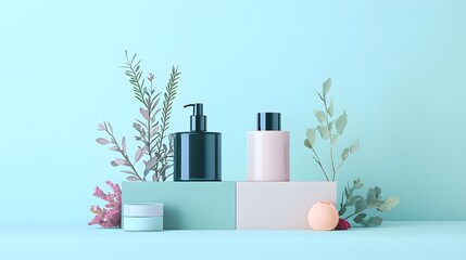 Minimalistic Beauty Product Display with Green Foliage. Illustration background for presentation 