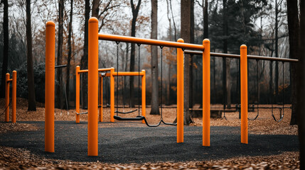 Fototapeta premium Empty playground with bright orange swings and structures in a forested park area during autumn.
