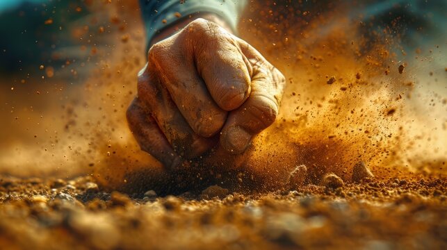 A powerful fist slams into the ground, scattering dust and dirt, as sunlight filters through, capturing the intensity of physical effort and determination