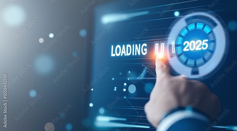 Poster futuristic digital interface showing a loading screen and the year 2025, symbolizing progress and in
