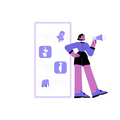 NFT Art Exhibition With Female Announcer In Flat Vector Illustration Symbolizing Digital Art Display, Blockchain, And Modern Auction, Isolated On White Background.