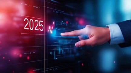 A hand interacts with a futuristic digital display showing the year 2025, symbolizing technology and innovation.