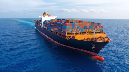 Fototapeta premium A large cargo ship carrying colorful shipping containers sails in the vast blue ocean under a clear sky, symbolizing global trade and logistics.