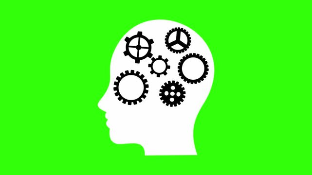 human head with cogs and gears spinning seamless looping animation on a green screen background