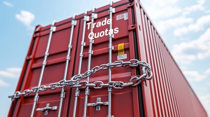 A red shipping container secured with a chain, symbolizing trade quotas and restrictions in global commerce.