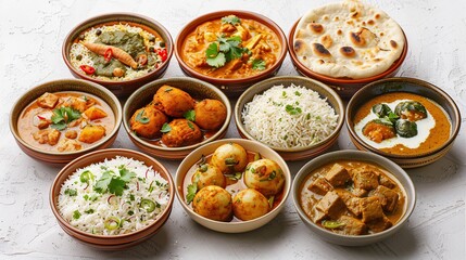 An assortment of delicious Indian dishes, including curries, rice, naan, and vegetable dishes, arranged in bowls on a white textured surface.