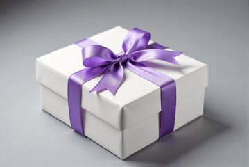 Obraz premium A white gift box with a purple ribbon and a lovely bow