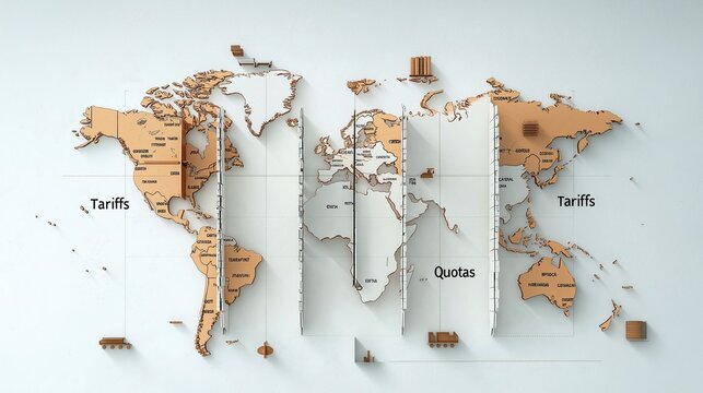 Abstract world map art illustrating global trade dynamics with tariffs and quotas. Creative depiction of international commerce concepts.