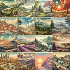 Vintage postcard landscapes. AI generated illustration