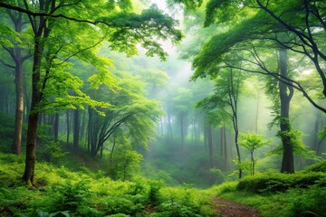 Fototapeta premium A serene forest landscape with a misty morning atmosphere and lush green foliage, verdant, forest