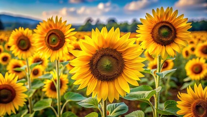 Obraz premium A stunning bouquet of sunflowers standing tall in a field with bright yellow petals and dark centers, centers, stunning, field