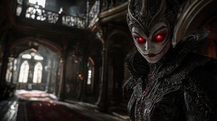 Dark fantasy character with glowing eyes stands in a gothic castle interior