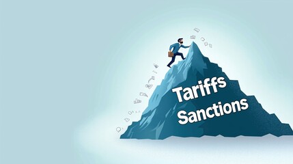 Businessman climbing mountain with words 'Tariffs' and 'Sanctions', symbolizing challenges in international trade and economic barriers.