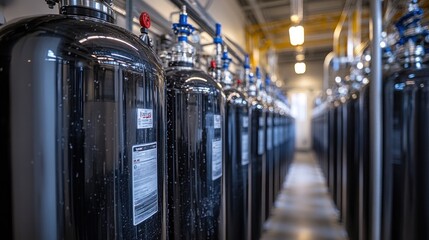 Fototapeta premium Row of Black Cylindrical Fire Suppression Systems in a Factory Setting