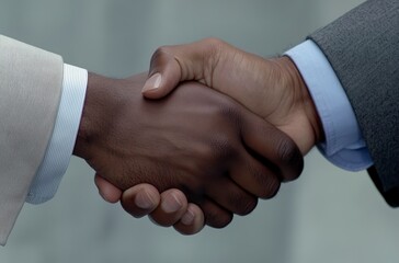 Close-up handshake with suit sleeves and warm lighting
