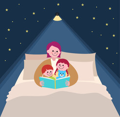 ベッドの上でお母さんから絵本を読み聞かせてもらう幼い姉と弟のイラスト