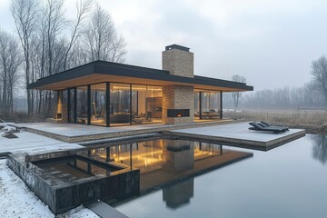 Fototapeta premium Modern House with Stone Fireplace and Pool in Winter Landscape